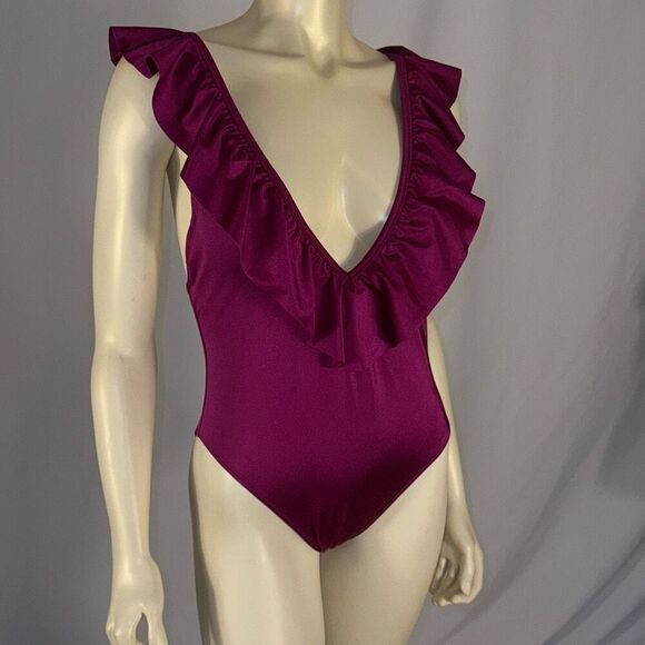 PINK Victoria's Secret One Piece Ruffle Swimsuit Deep V Violet Purple Medium - Picture 12 of 15